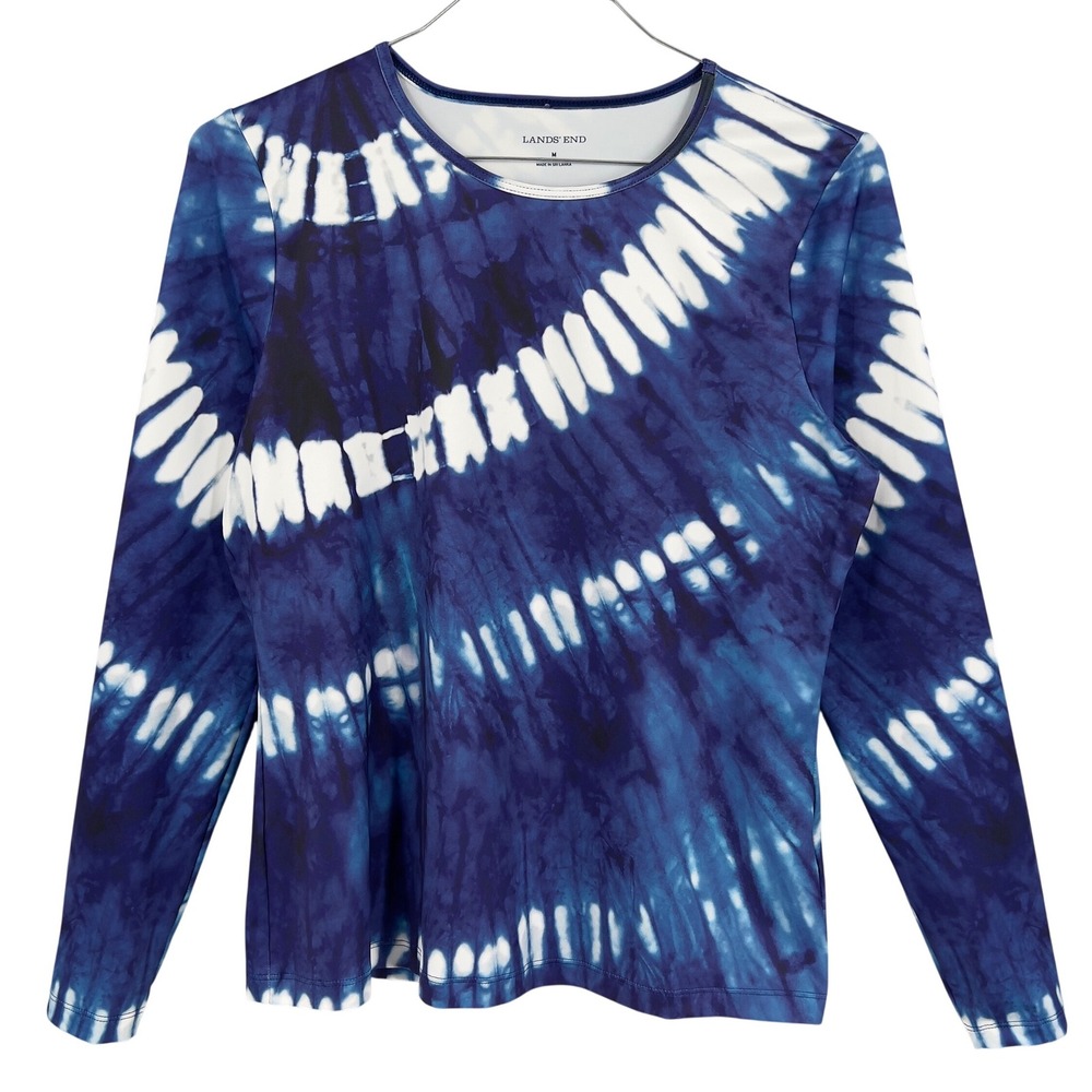 Lands End Womens Long Sleeve Rashguard Top Indigo Blue White Tie Dye Sun Shirt M